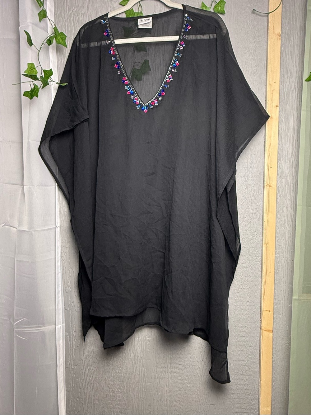 SWIM by Chuck Handy Black Sheer Poncho Beach Cover Up Embellished V-Neck OS - Picture 2 of 7